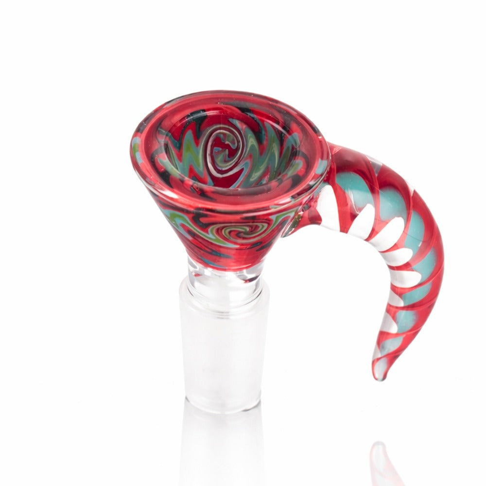 Front view of BW Spire Glass Cone Piece 14mm Male Bowl in Maroon on white background, smooth durable glass design
