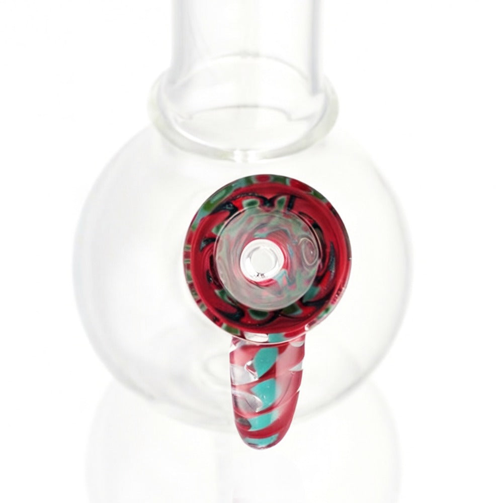 Close-up top view of BW Spire Glass Cone Piece 14mm Male Bowl in Maroon on white background, clean studio product shot
