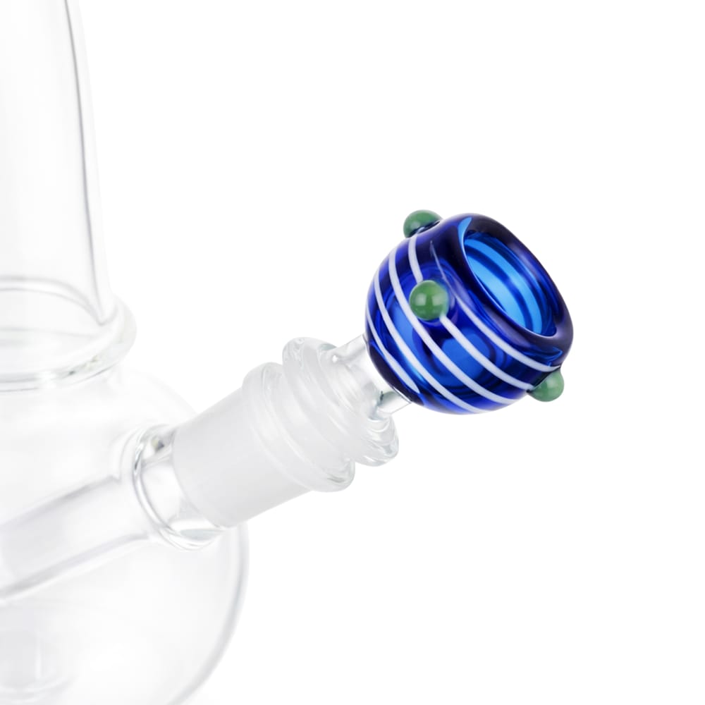 Angled view of BW Stripes Push Glass Cone Piece 14mm Male Bowl in Blue on white background, displaying vibrant blue striped finish