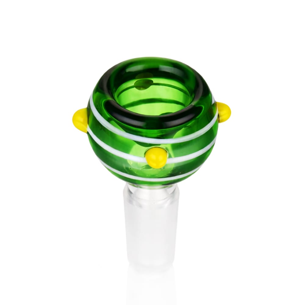Back view of BW Stripes Push Glass Cone Piece 14mm Male Bowl in Green on white background, clean studio product shot