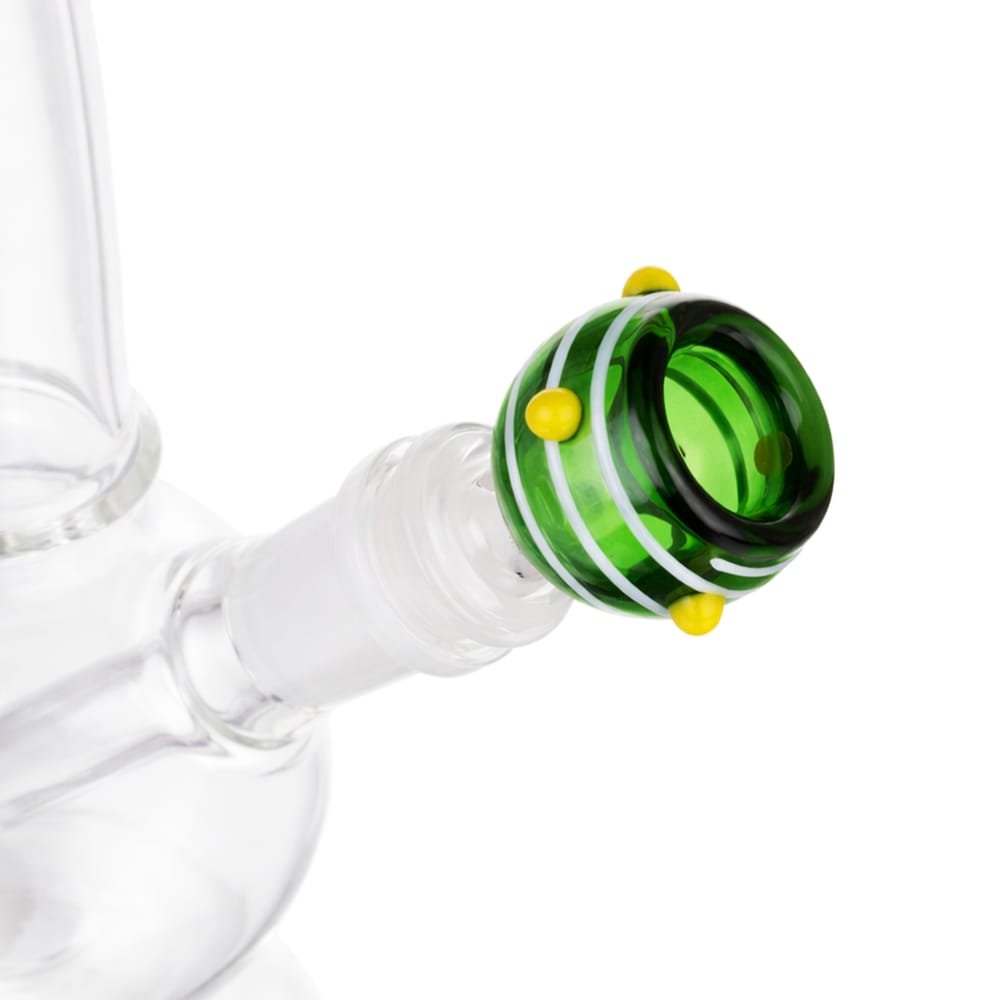 Side view of BW Stripes Push Glass Cone Piece 14mm Male Bowl in Green on white background, showcasing bold green striped glass pattern