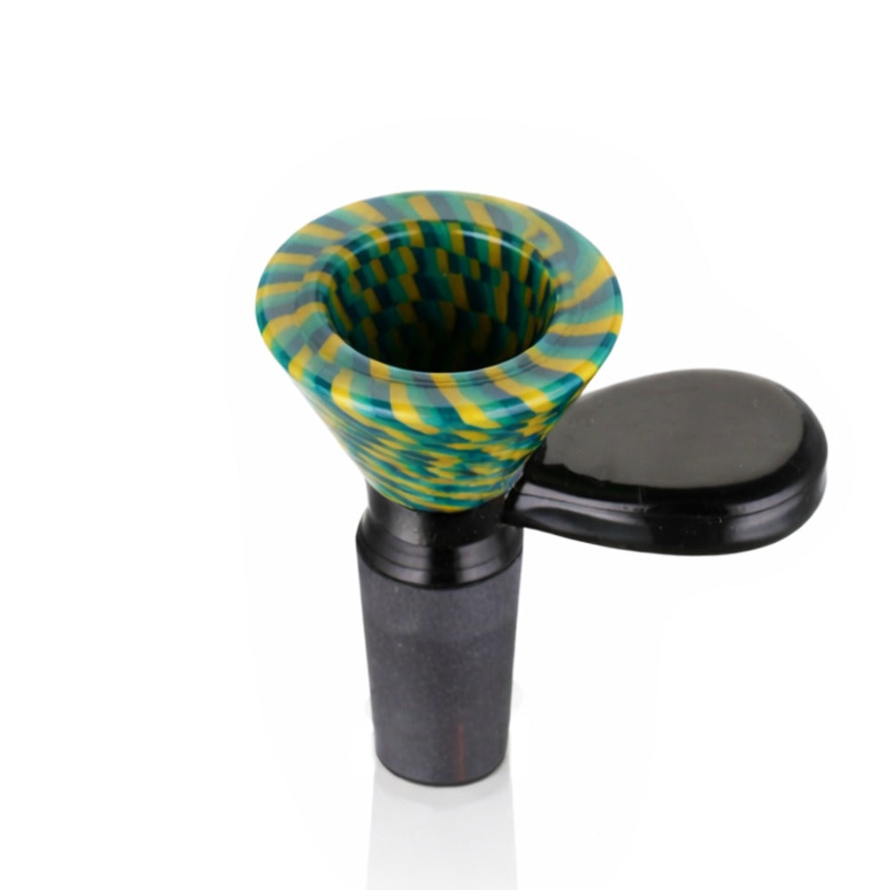 Back view of BW TV Static Glass Cone Piece 14mm Male Bowl in Green and Black on white background, clean studio product shot