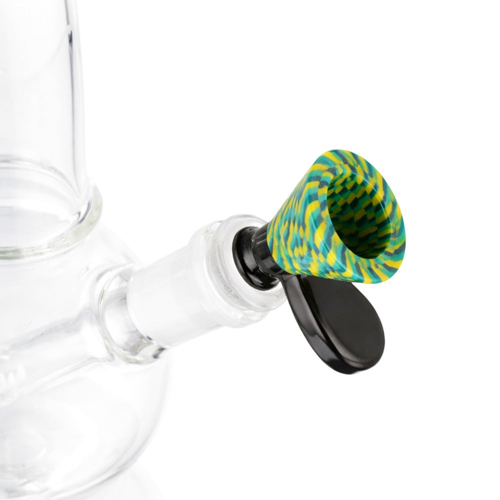 Side view of BW TV Static Glass Cone Piece 14mm Male Bowl in Green and Black on white background, showcasing bold static pattern glass shape