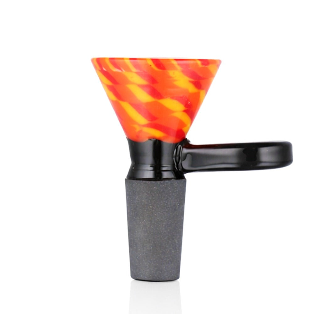 Back view of BW TV Static Glass Cone Piece 14mm Male Bowl in Orange and Black on white background, clean studio product shot