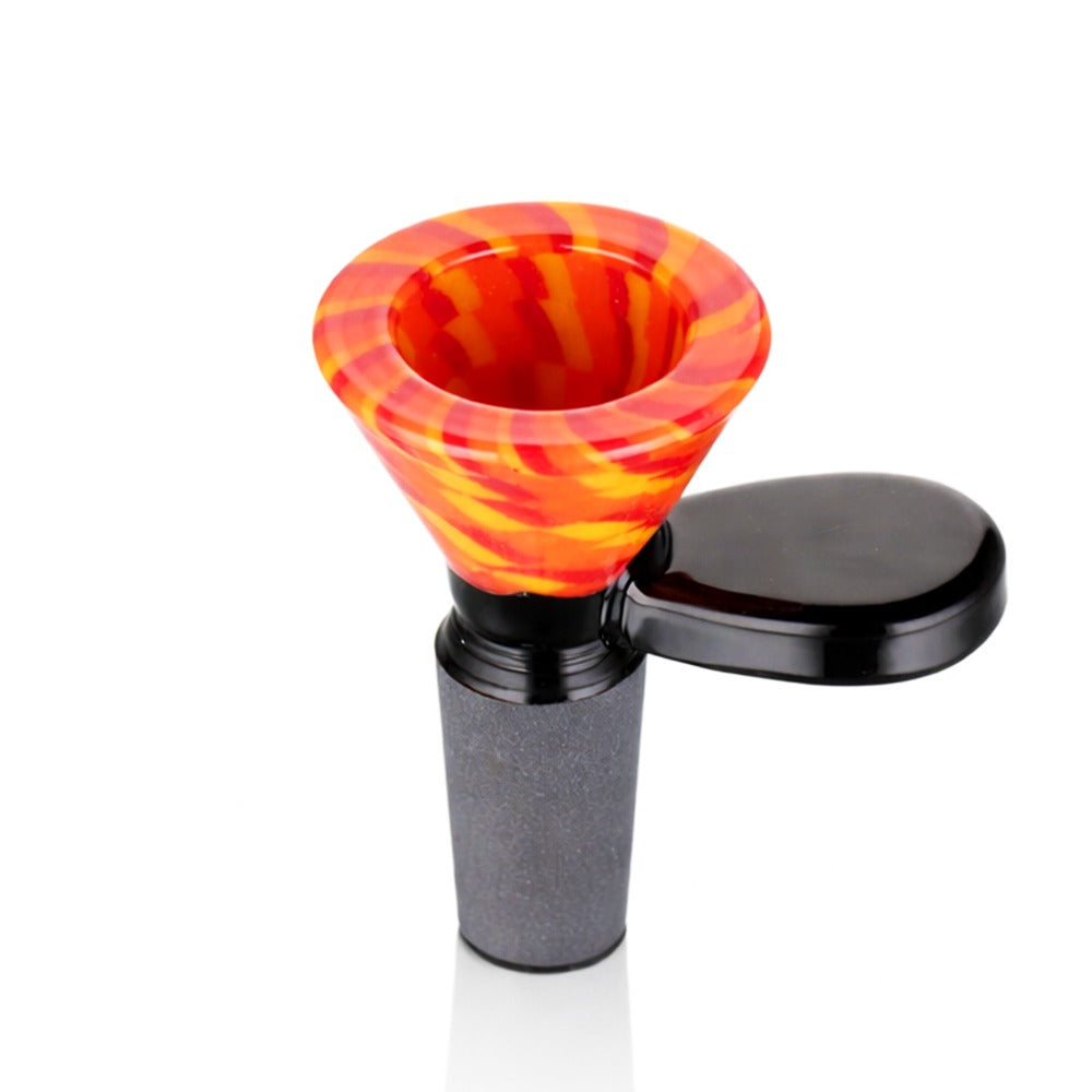 Front view of BW TV Static Glass Cone Piece 14mm Male Bowl in Orange and Black on white background, smooth durable static-inspired glass design