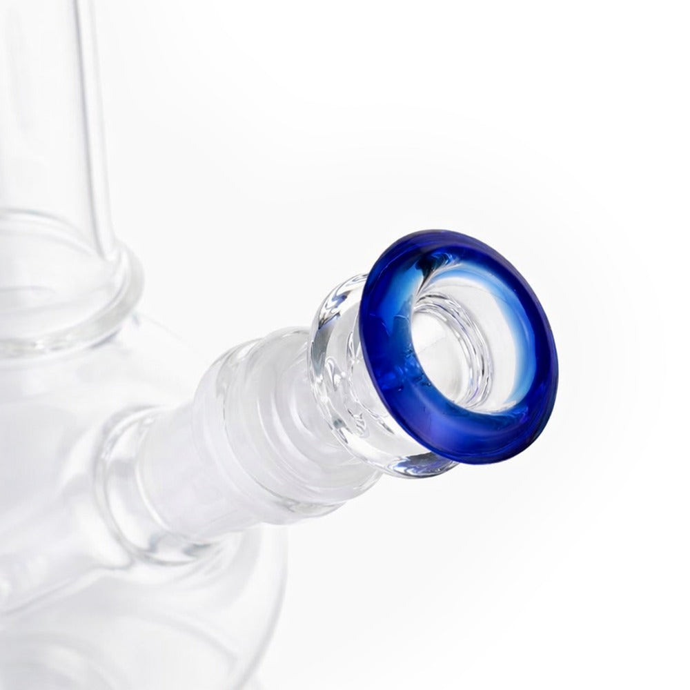 Angled view of BW The Crown Glass Cone Piece 14mm Male Bowl in Blue on white background, displaying vibrant blue glass finish
