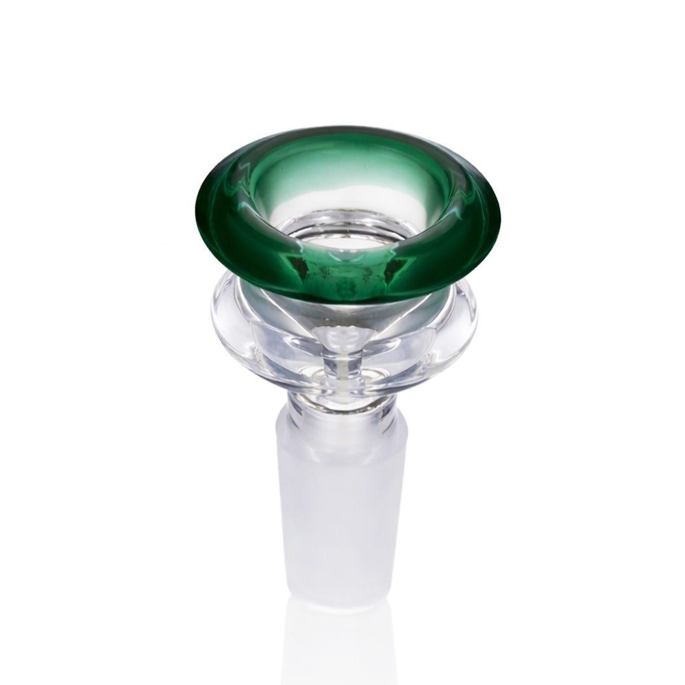 Front view of BW The Crown Glass Cone Piece 14mm Male Bowl in Teal on white background, smooth durable glass design with crown-inspired shape
