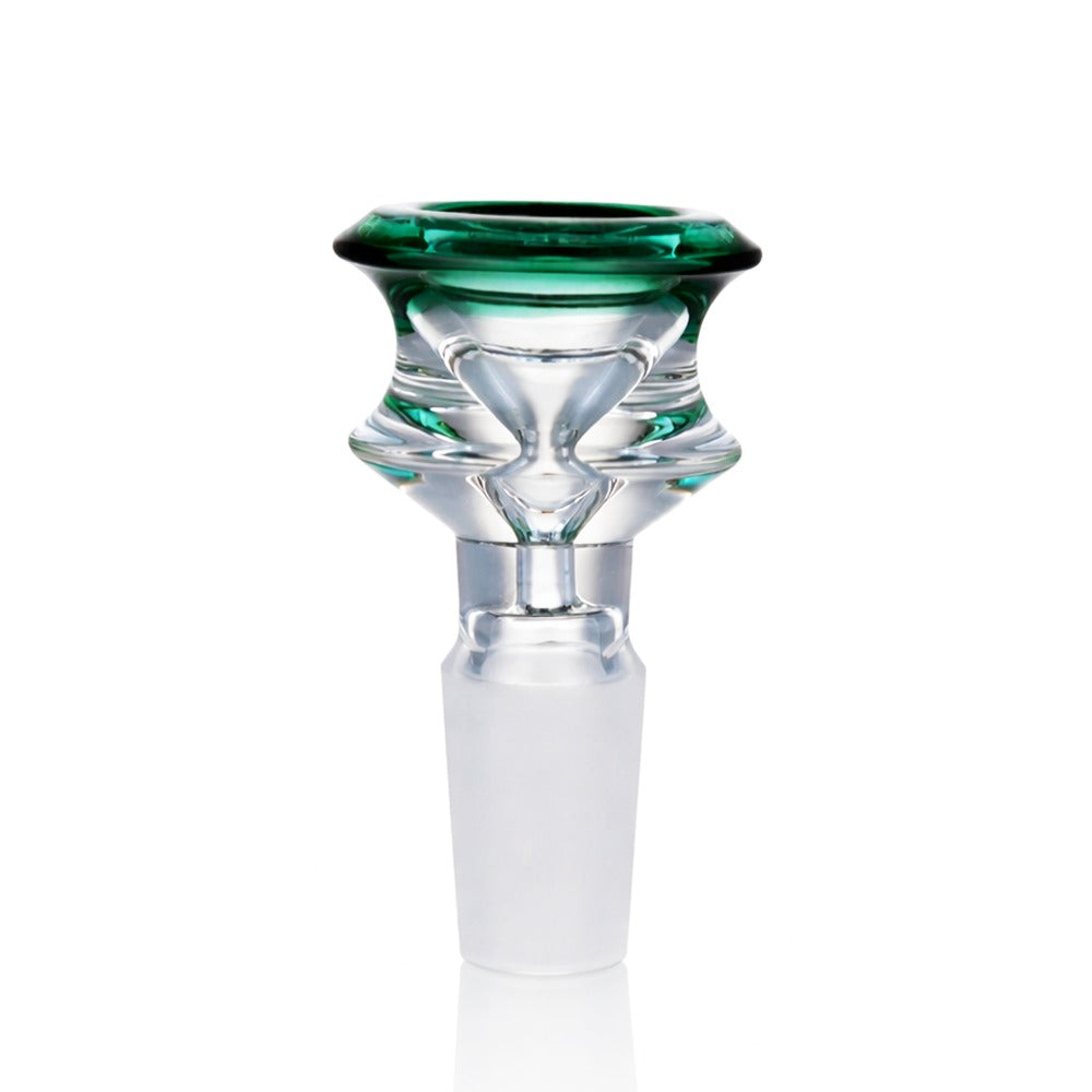 Back view of BW The Crown Glass Cone Piece 14mm Male Bowl in Teal on white background, clean studio product shot