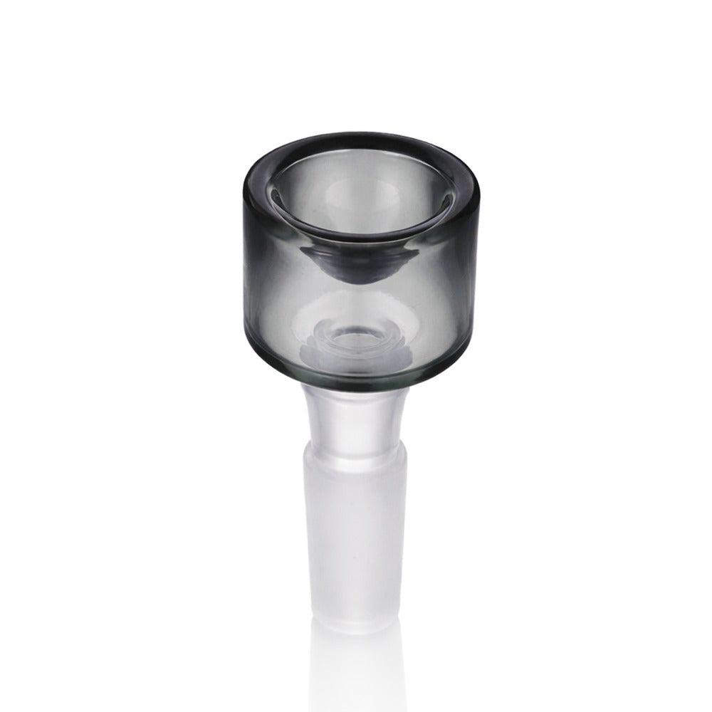 Side view of BW The Cube Glass Cone Piece 14mm Male Bowl in Grey on white background, showcasing sharp cube-inspired glass shape