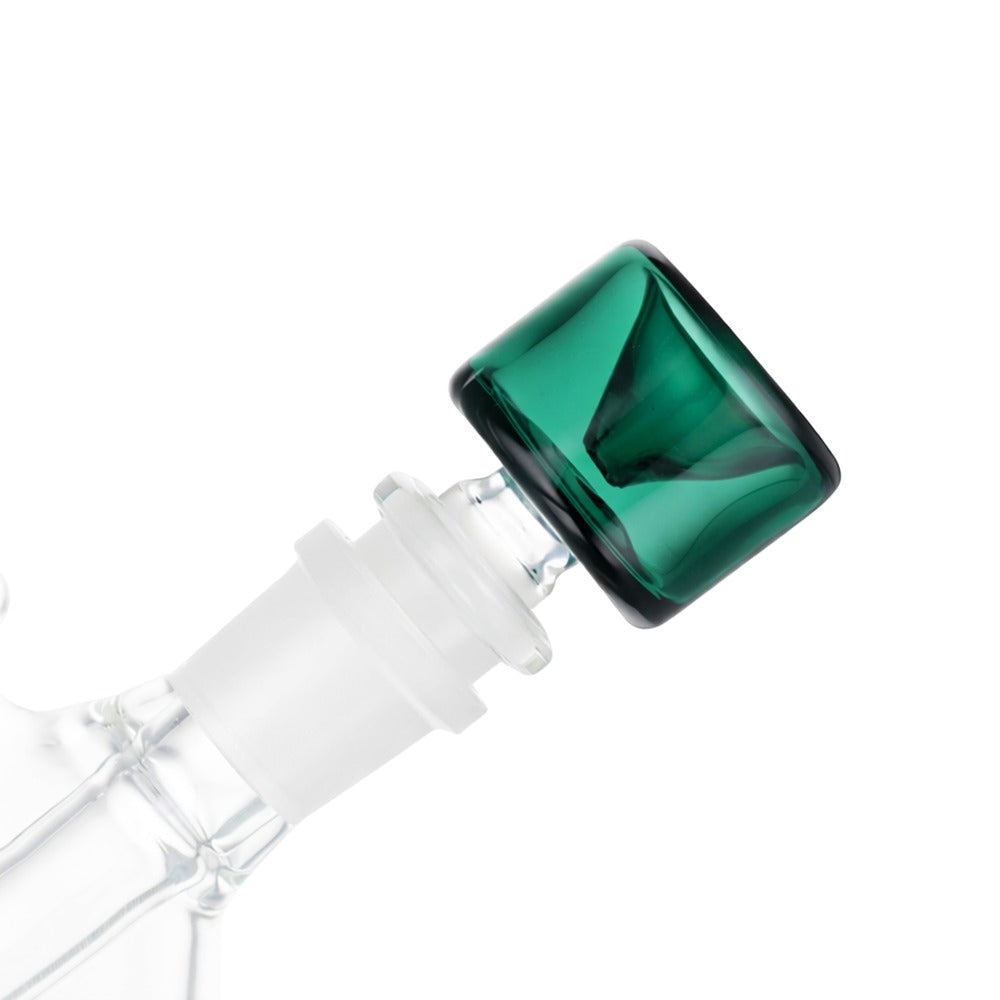 Side view of BW The Cube Glass Cone Piece 14mm Male Bowl in Teal on white background, showcasing sharp cube-inspired glass shape