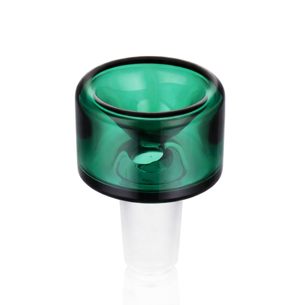 Back view of BW The Cube Glass Cone Piece 14mm Male Bowl in Teal on white background, clean studio product shot