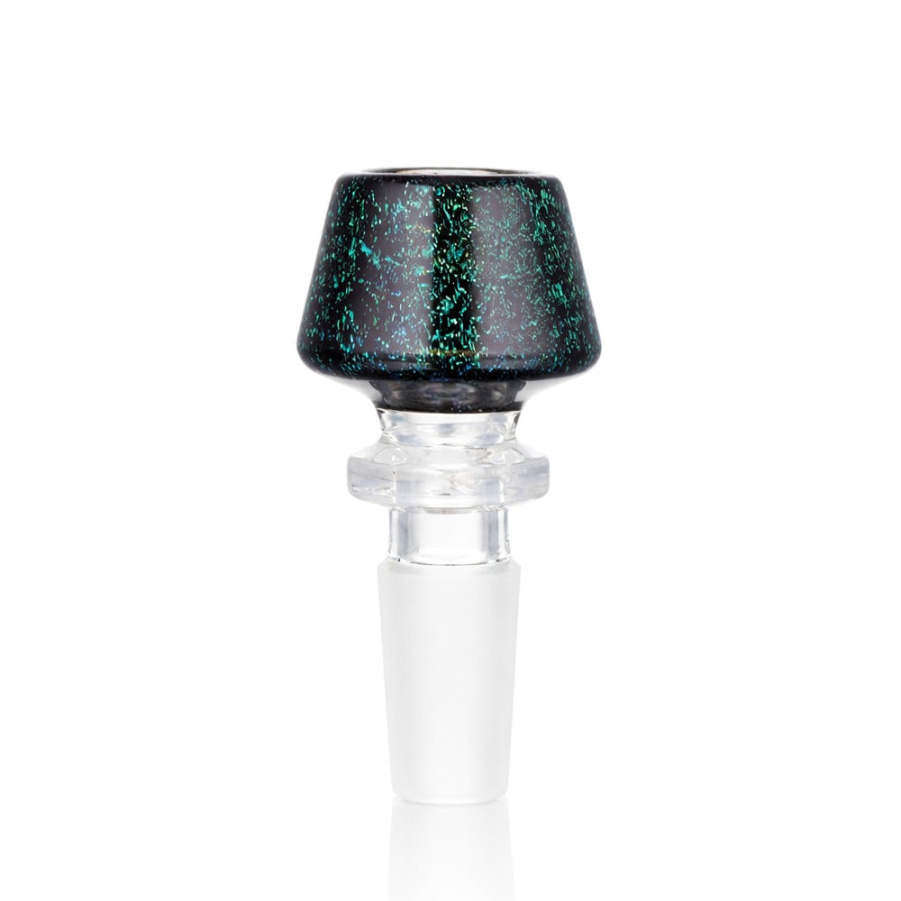 Front view of BW The Twist Glass Cone Piece 14mm Male Bowl in Dichro Speckle on white background, vibrant twisted glass design