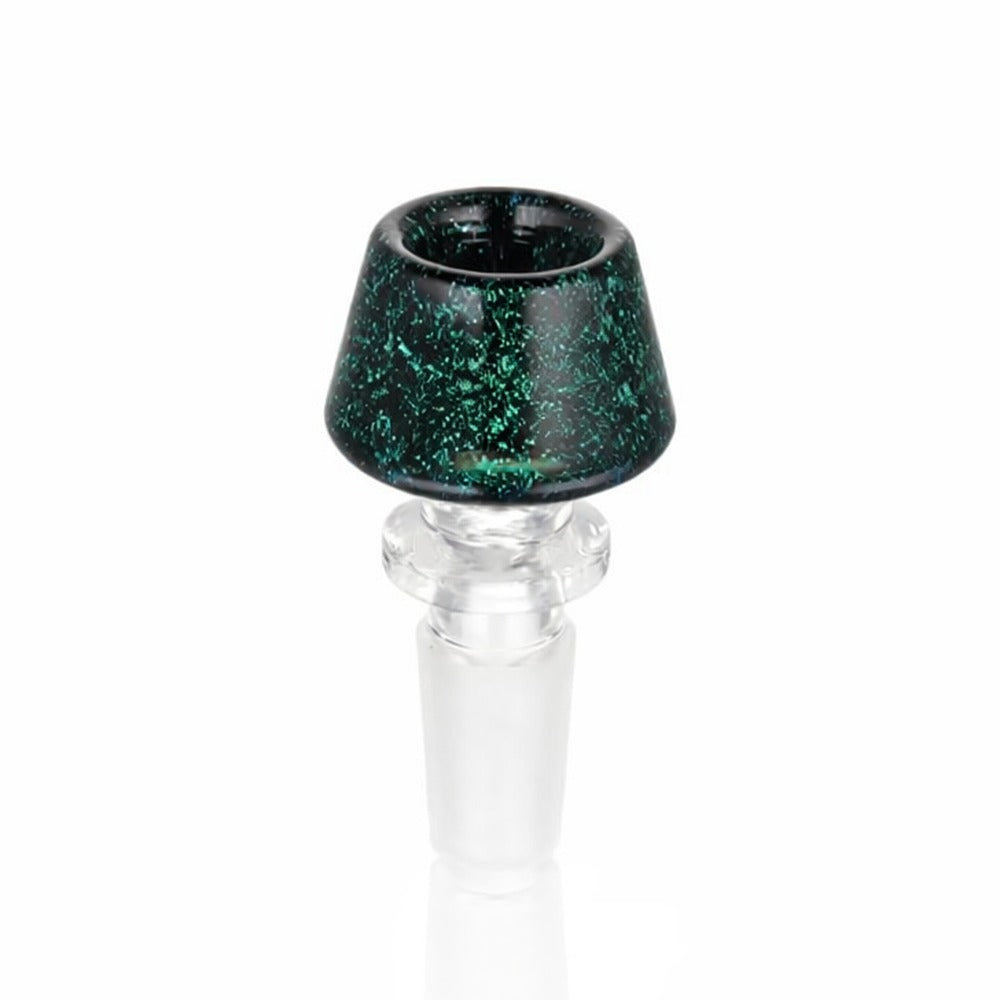 Angled view of BW The Twist Glass Cone Piece 14mm Male Bowl in Dichro Speckle on white background, featuring premium artistic glass finish