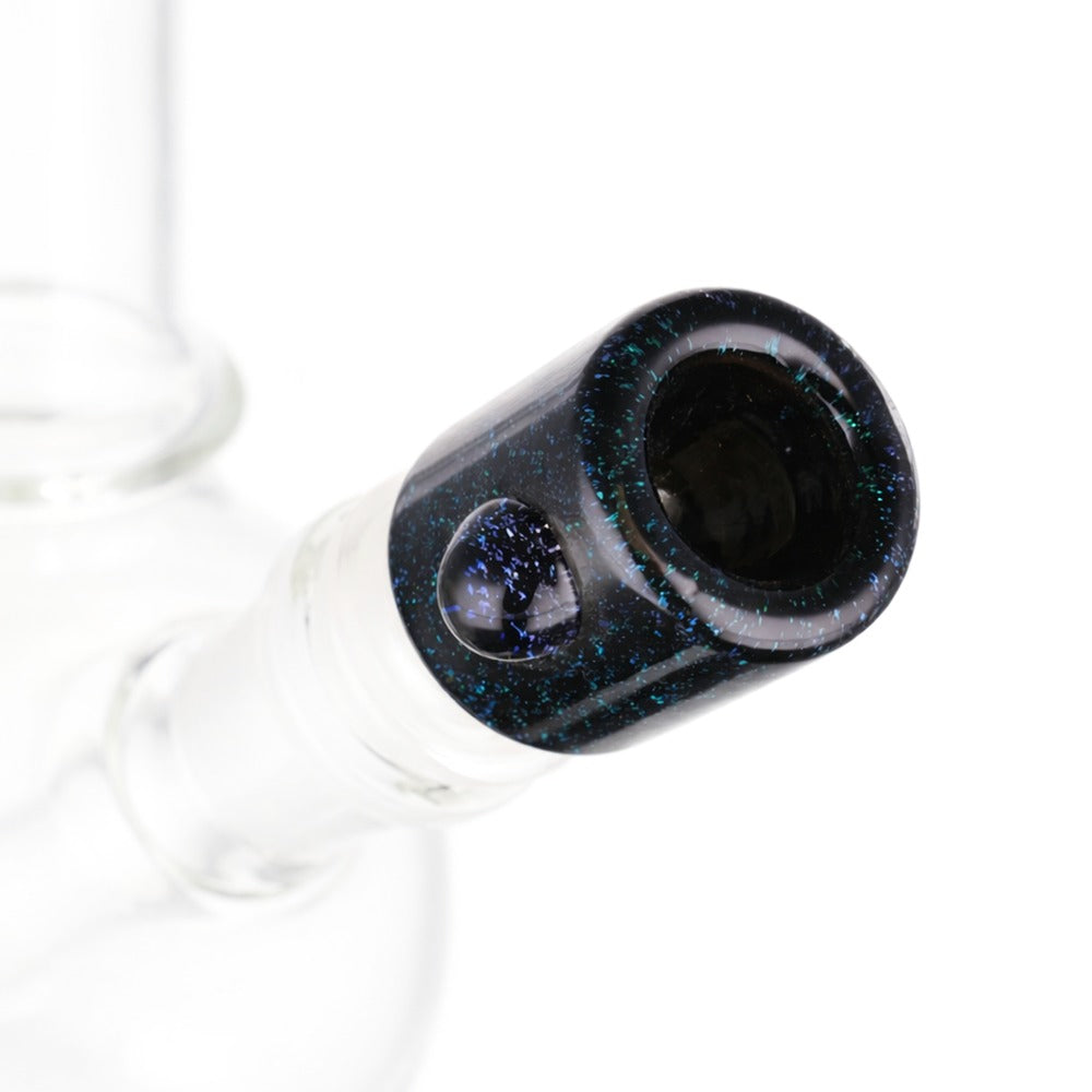 Side view of Premium BW The Viper Glass Cone Piece 14mm Male Bowl in Dichroic Speck, studio shot on white background