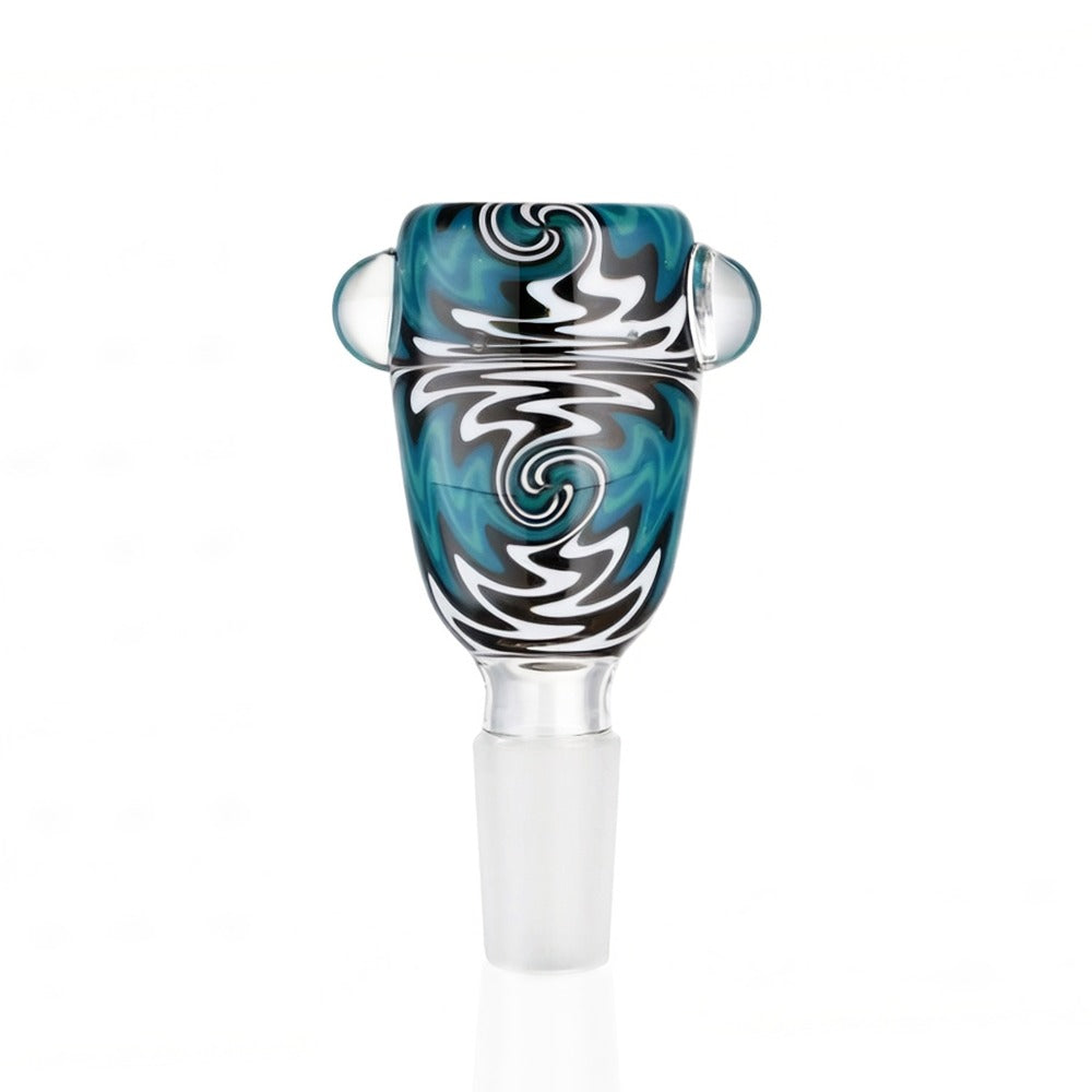 Front view of BW Wave Glass Cone Piece 14mm Male Bowl in Blue on white background, smooth durable glass design