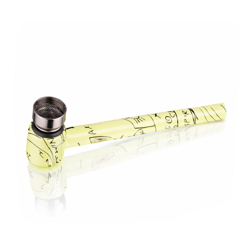 BW - Weed Pipe - 8.5cm Medium with yellow design on a white background