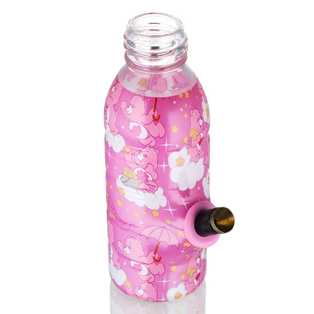 BW Mini Bottle 17.5cm Glass Bong - Care Bears Stars with black down stem on a top angled view