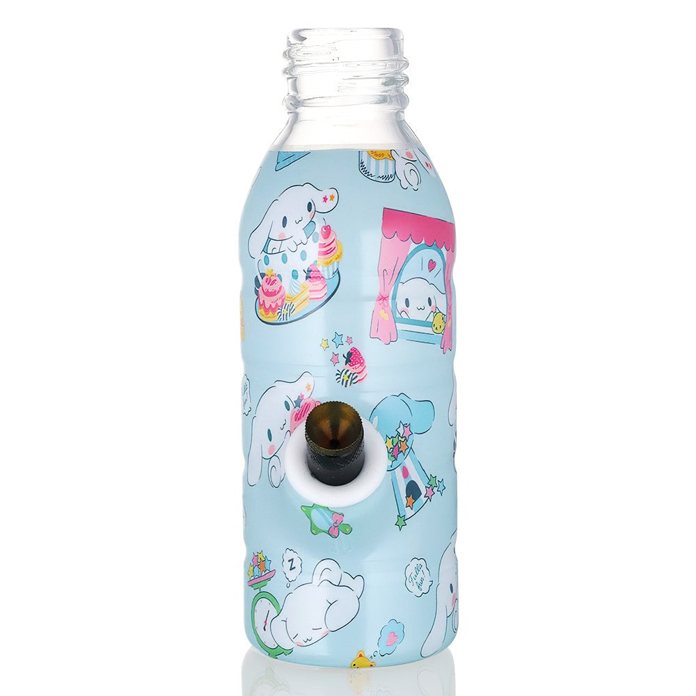 BW Mini Bottle 17.5cm Glass Bong - Cinnamoroll Blue Party with black down stem on a full front view.