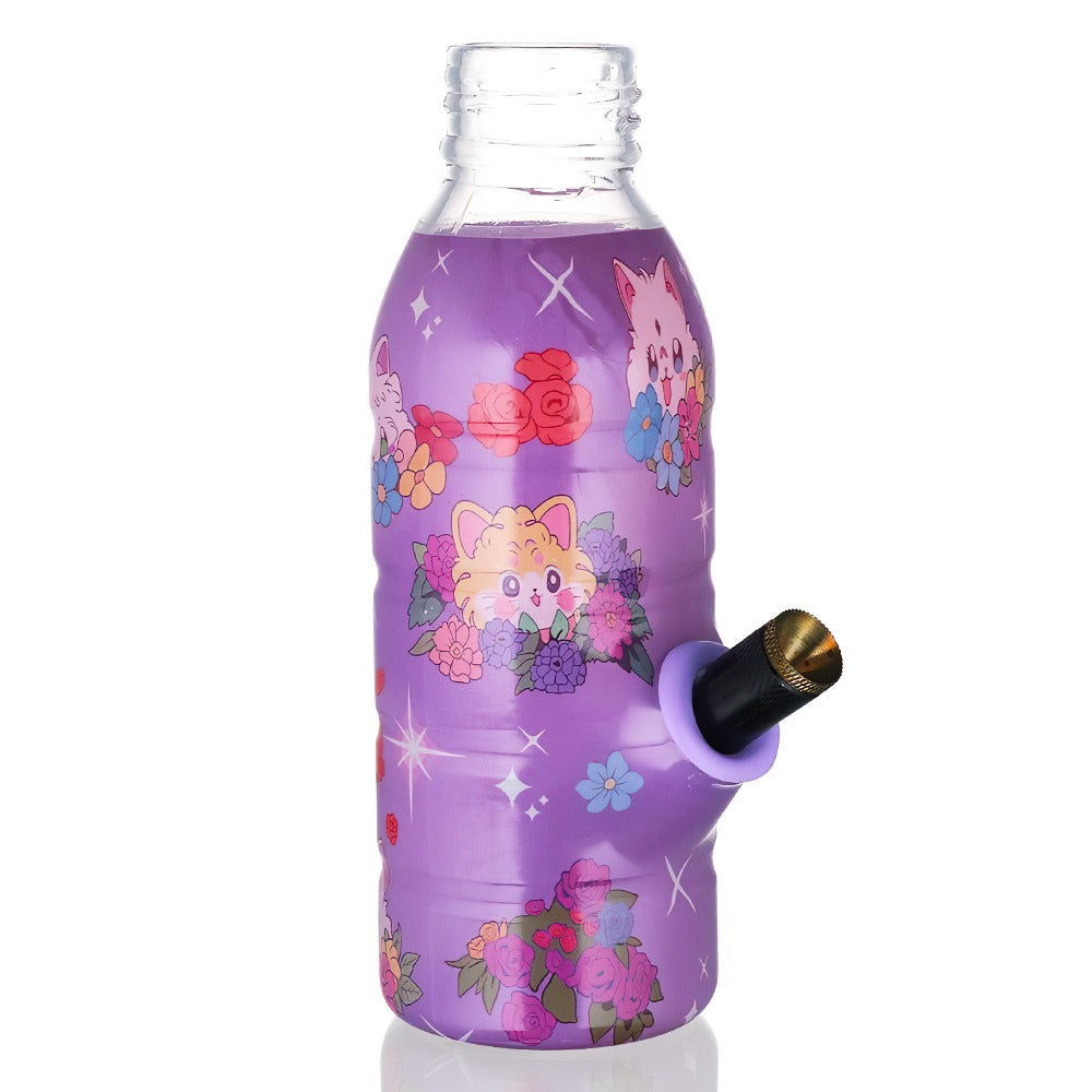 BW Mini Bottle 17.5cm Glass Bong - Purple Flower Kittens with cartoon designs on a white background