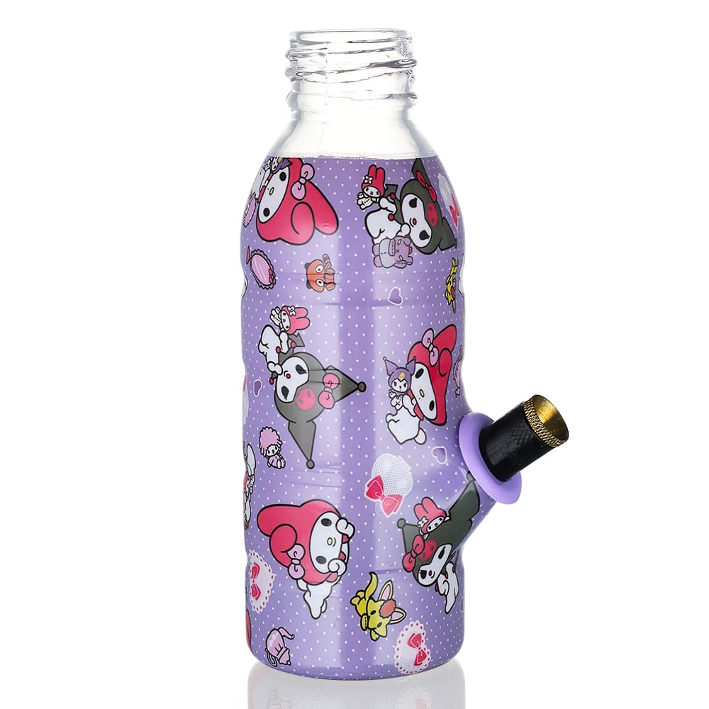 BW Mini Bottle 17.5cm Glass Bong - Purple Kuromi with black down stem and cone piece on a white bakground