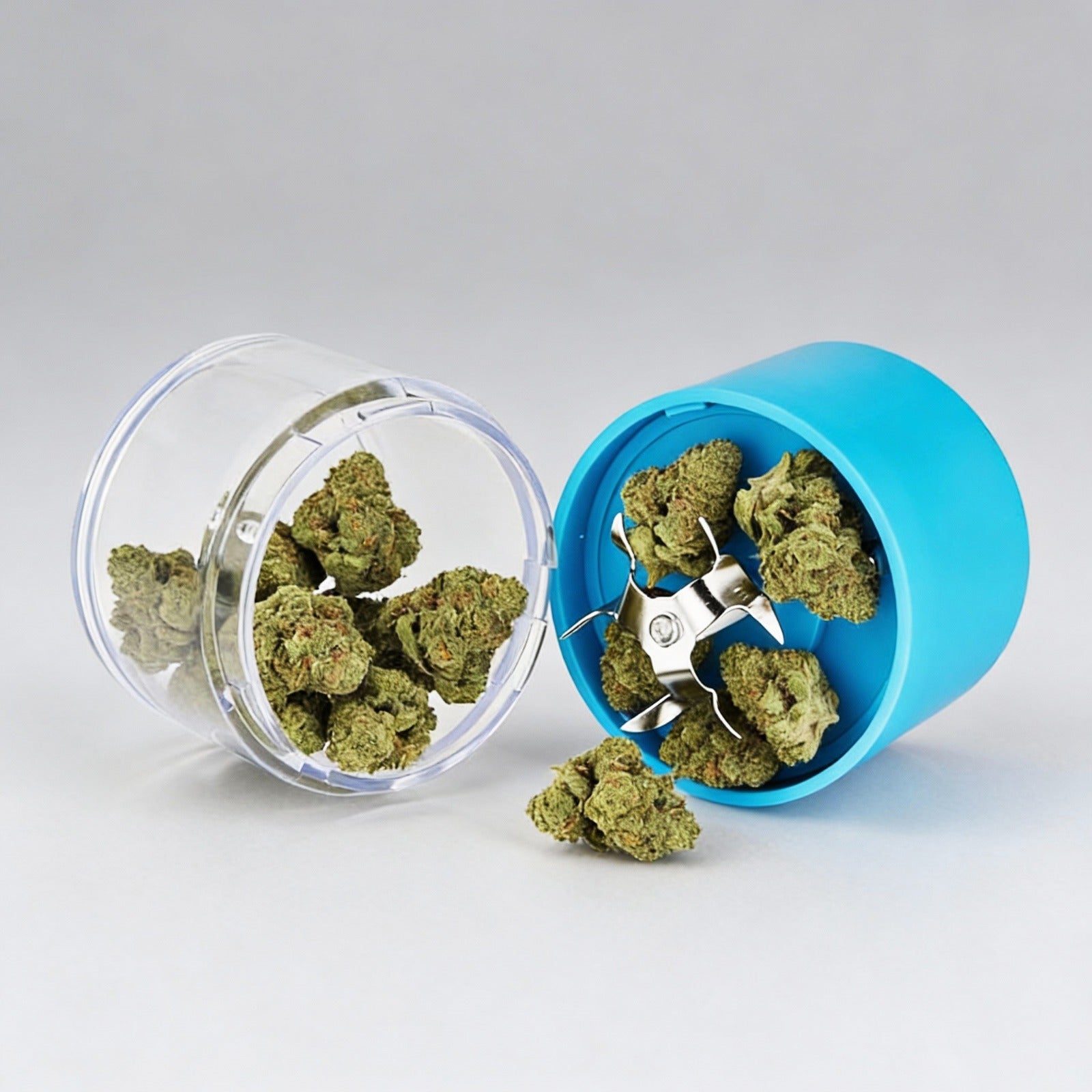 Glass jar with cannabis buds and a blue grinder on a white background
