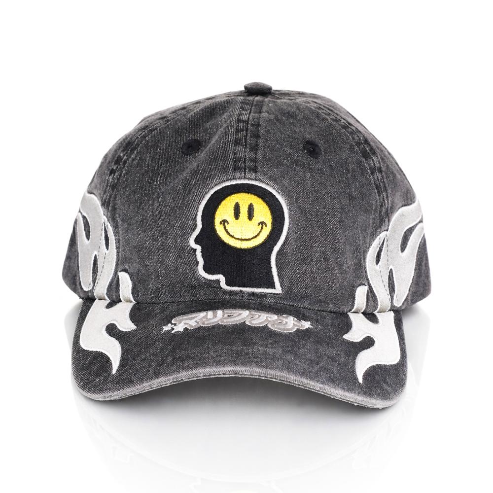 BW Vintage Washed Smiley Flames Hat - Full front view of washed Black cap with smiley face and skull design on a white background