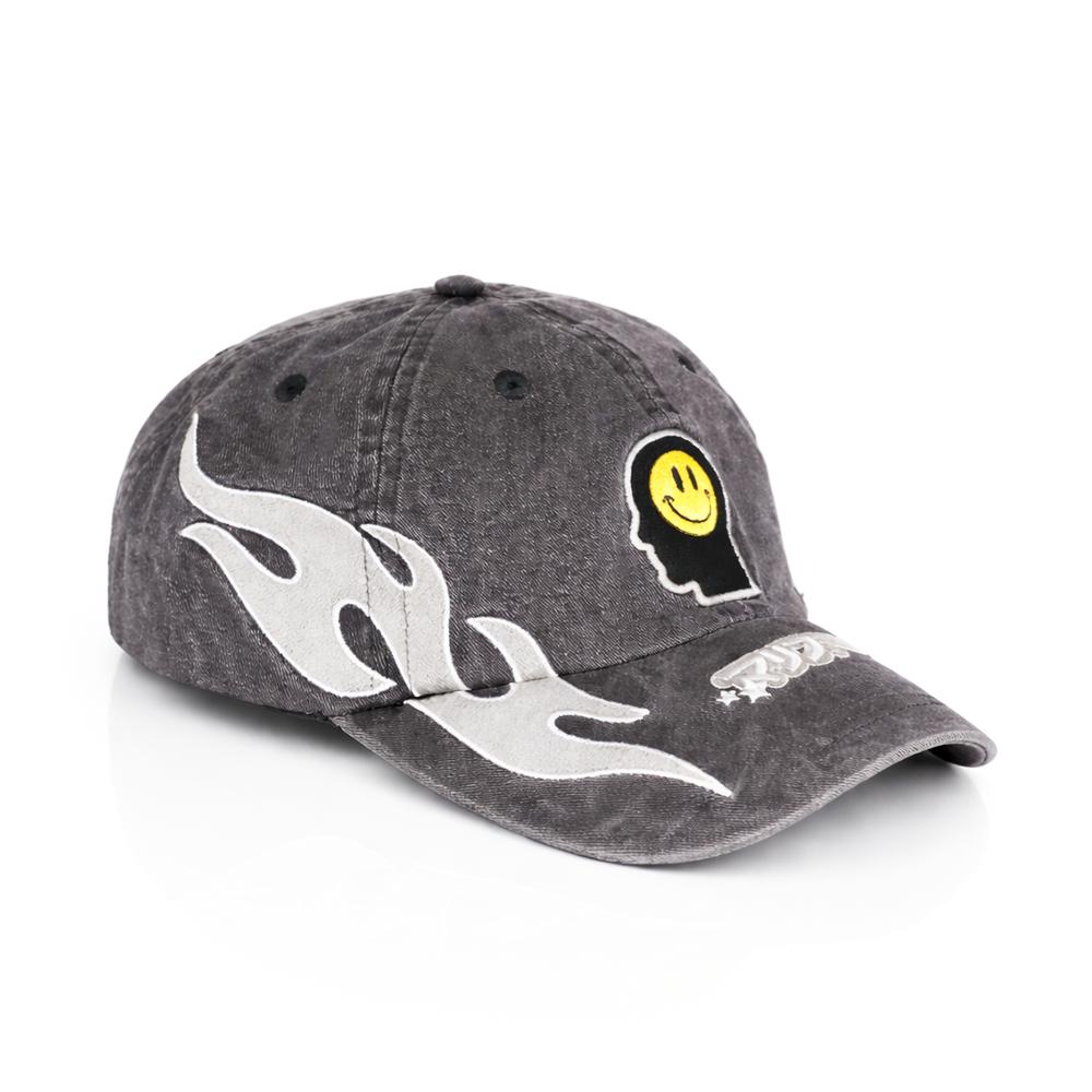BW Vintage Washed Smiley Flames Hat - Black with flame design and smiley face logo and flames design on a white background