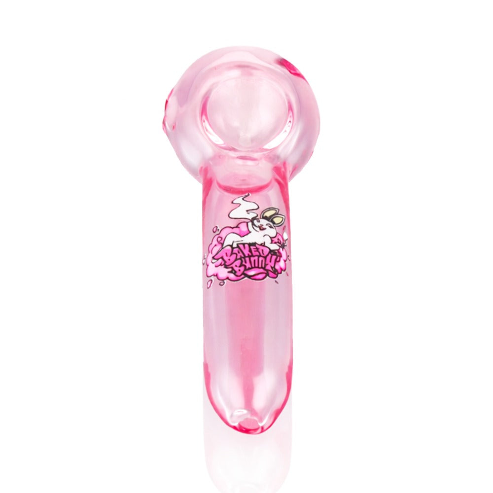 Back view of Baked Bunny Glass Pipe in Pink on white background, clean studio product shot