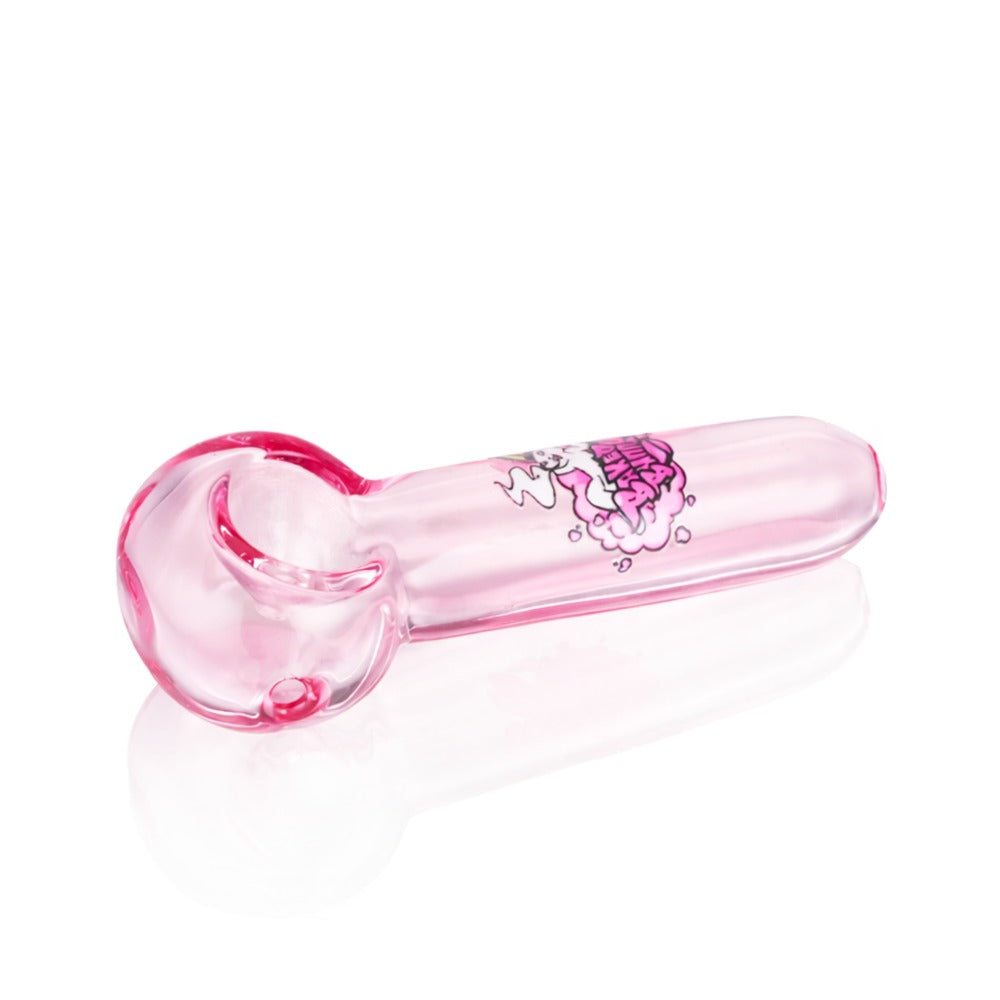 Top view of Baked Bunny Glass Pipe in Pink on white background, highlighting pipe opening detail