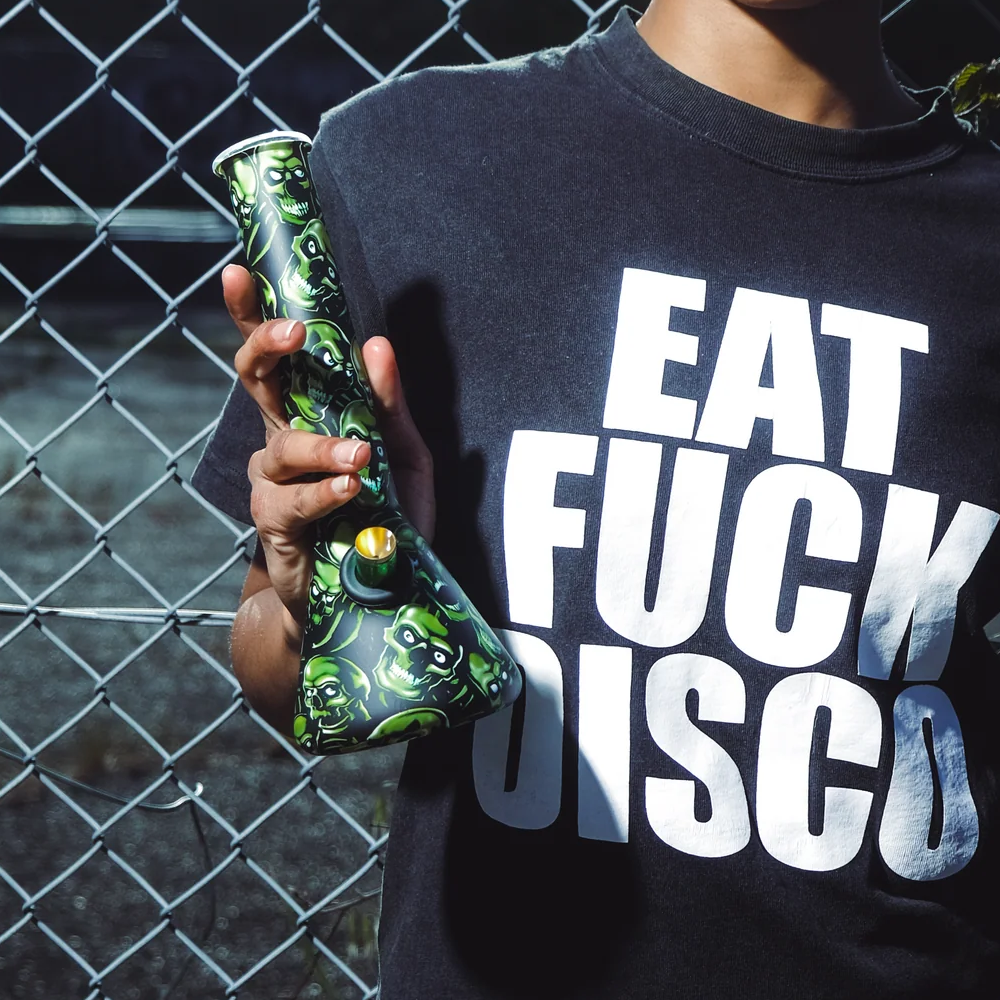 BW - Bent Neck Beaker 27cm Glass Bong - Green Skull Pattern