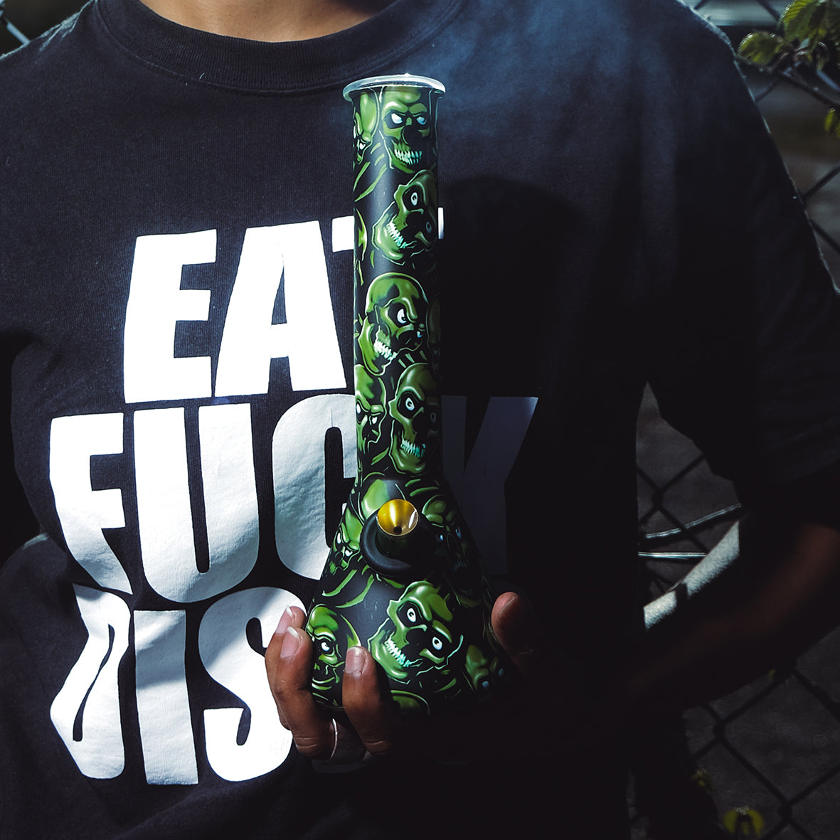 Bent Neck Beaker 27cm Glass Bong - Green Skull Pattern