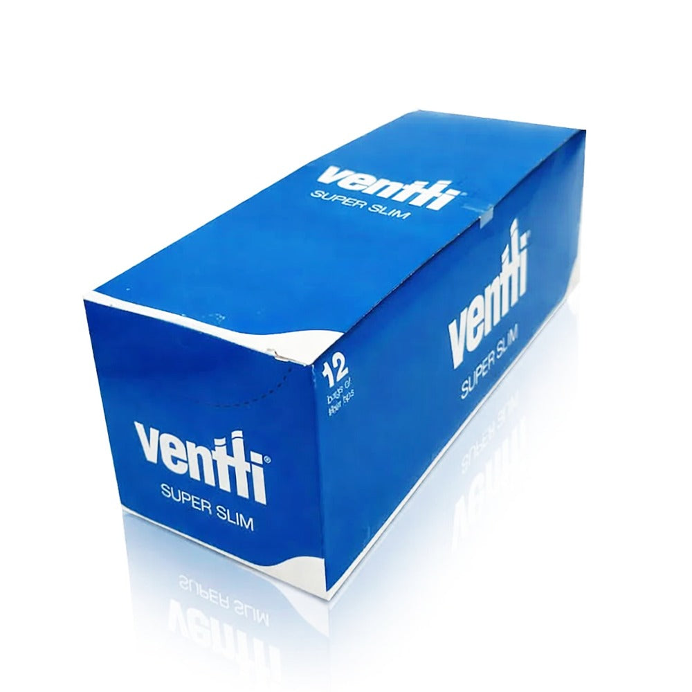 Blue box of ventti super slim cigarettes filter tips on a white background