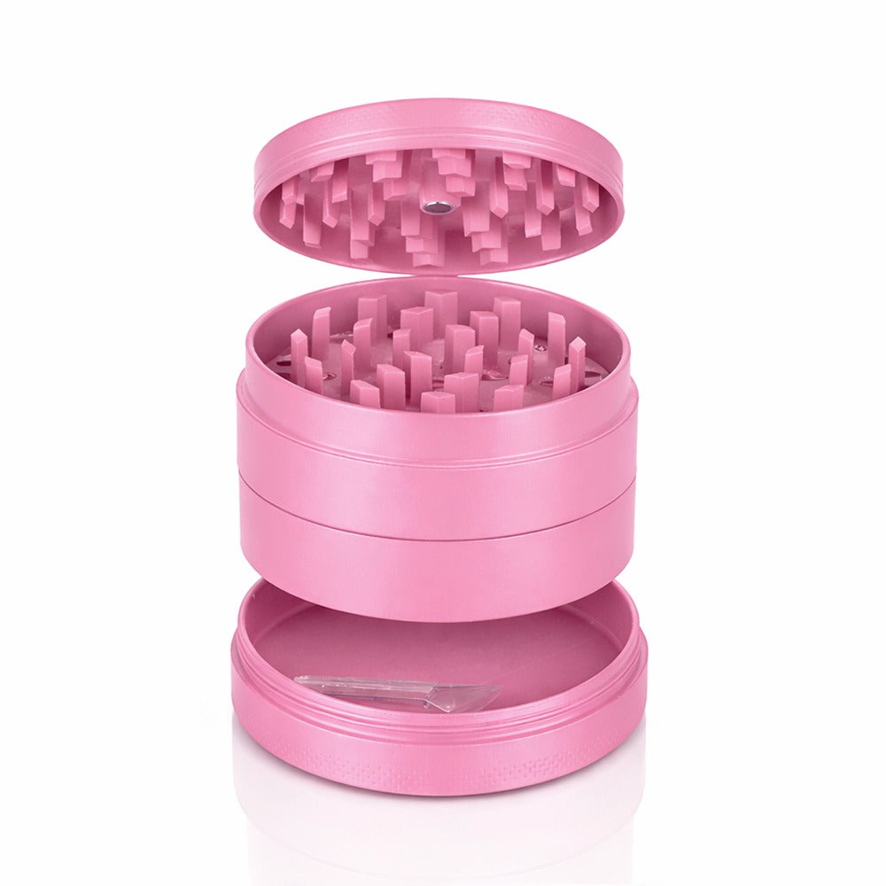 Bong Warehouse Manual Weed Grinder Pink Round Metal Grinder Product Photo Sharp Teeth Ceramic Coating Colour Paint Open Layers Open Bottom Layer with Scraper