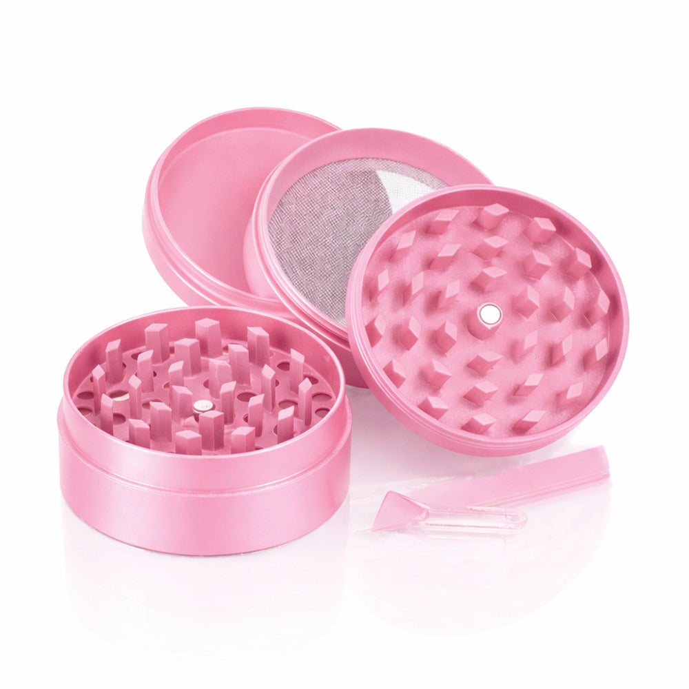 Bong Warehouse Manual Weed Grinder Pink Round Metal Grinder Product Photo Sharp Teeth Ceramic Coating Colour Paint Open Layers Disassembled Open View
