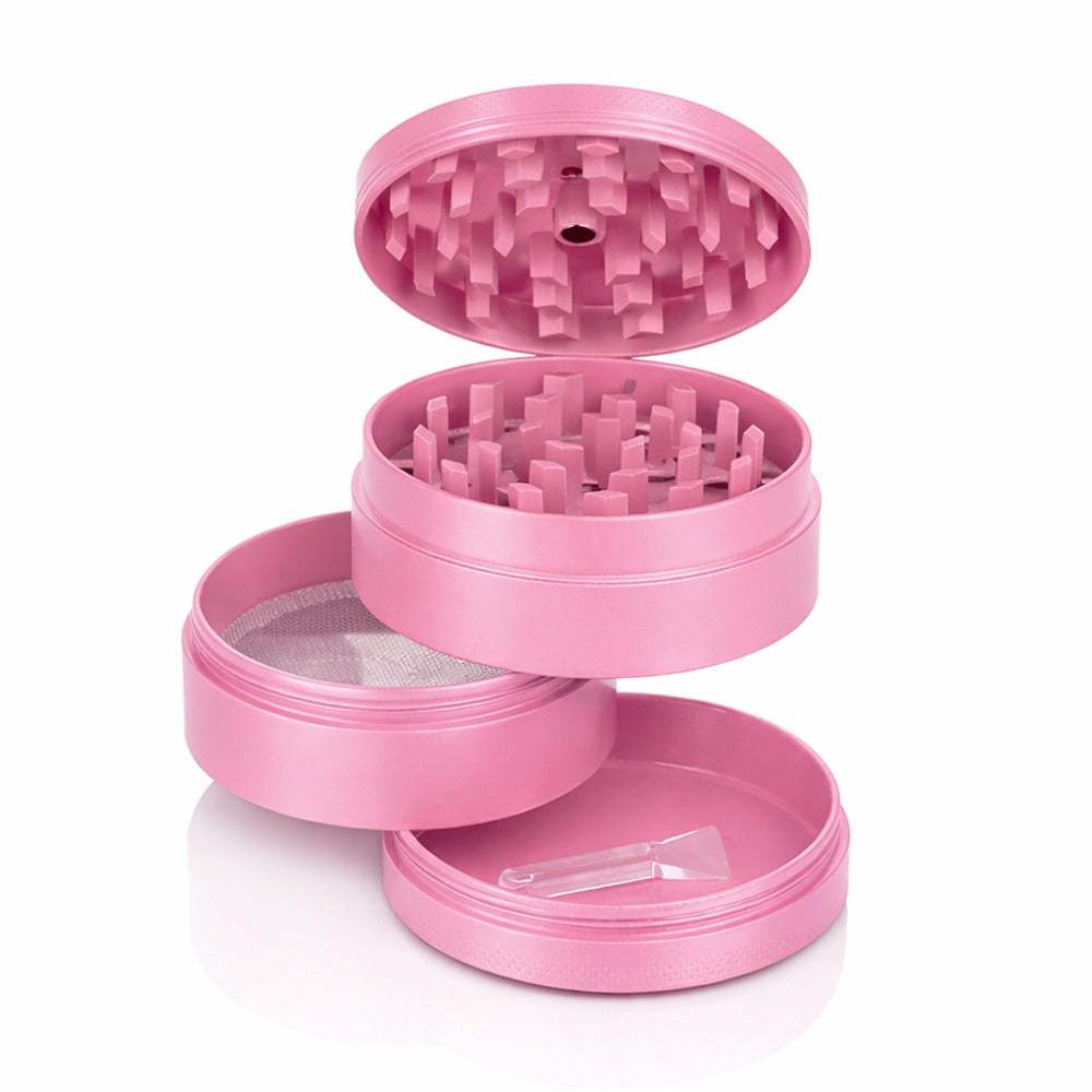Bong Warehouse Manual Weed Grinder Pink Round Metal Grinder Product Photo Sharp Teeth Ceramic Coating Pink Colour Paint Open Layers Exploded View