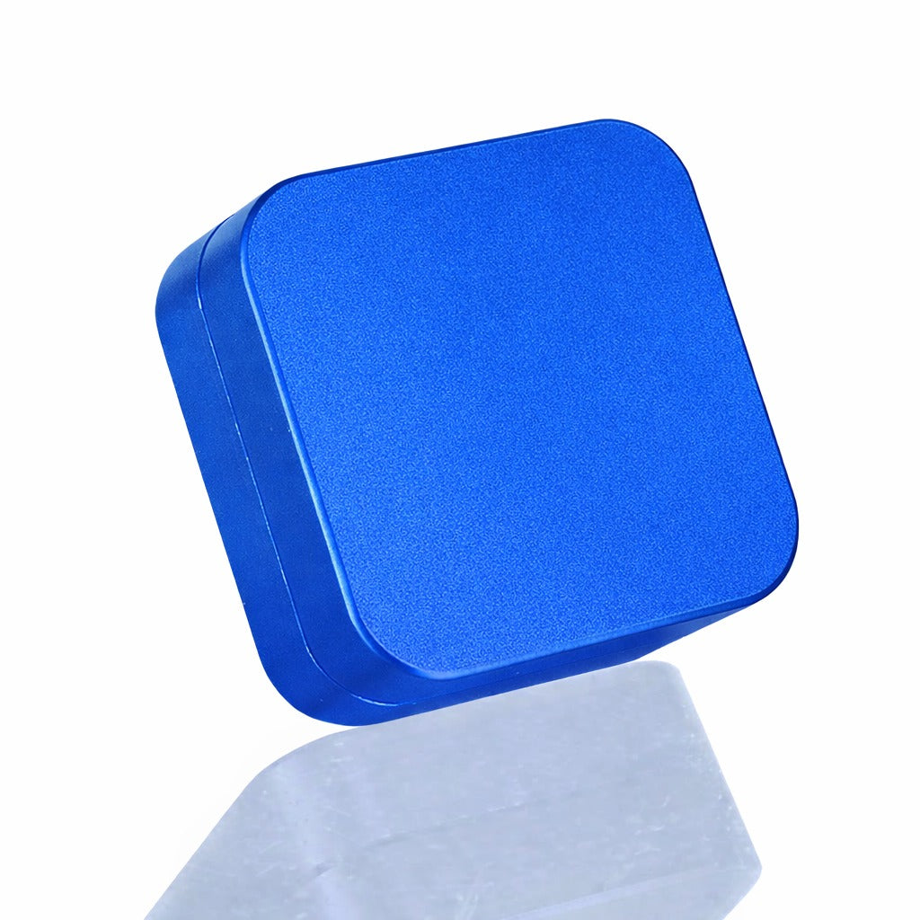 Bong Warehouse Manual Weed Grinder Royal Blue Square Metal Grinder Closed display Anodized Coating Bright Blue Colour CNC Aluminium Weed Grinder Closed Photo Displaying Smooth External Surface