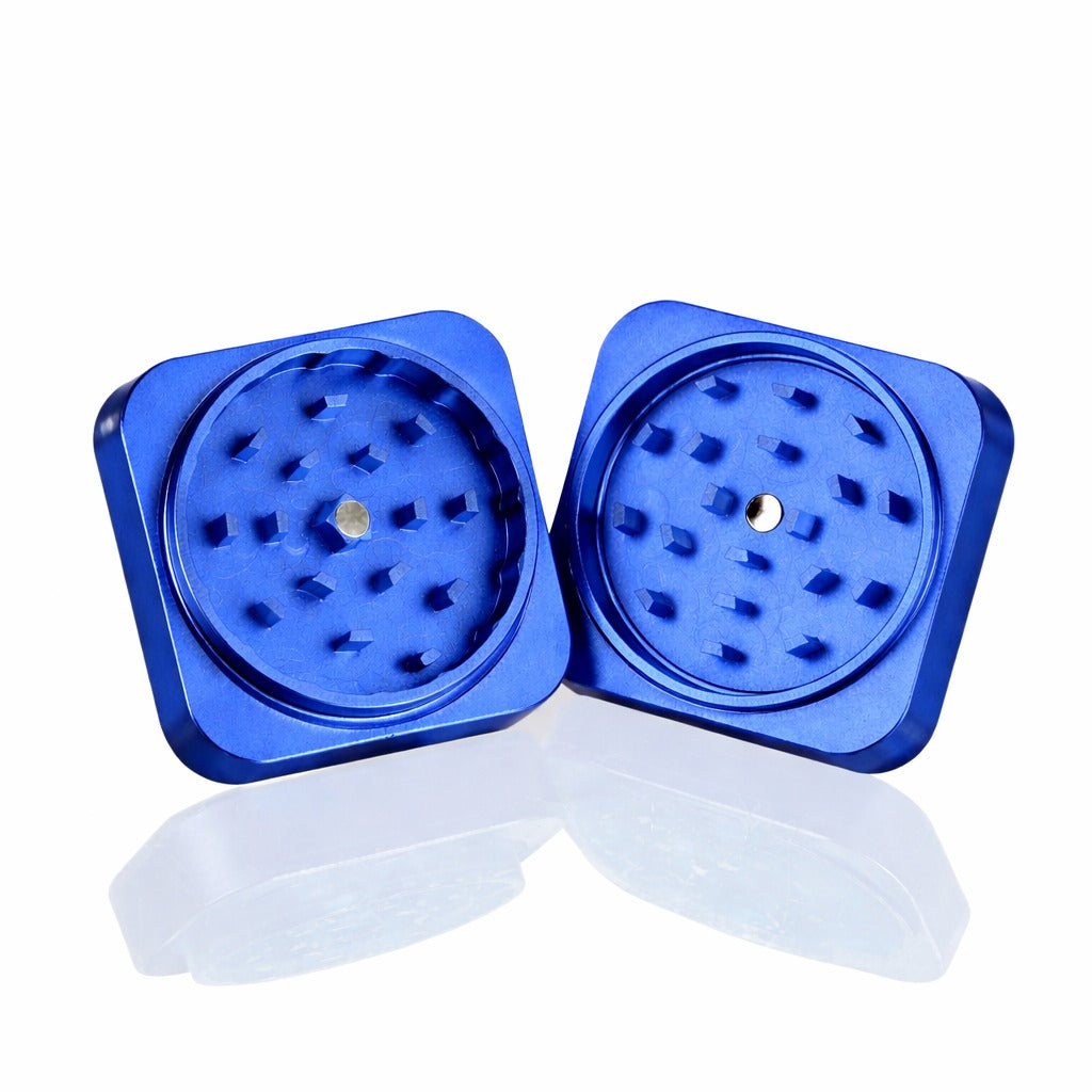 Bong Warehouse Manual Weed Grinder Royal Blue Square Metal Grinder Product Photo Sharp Teeth Anodized Coating Dark Blue Colour CNC with Magnet Open Photo Displaying internal Surface with teeth