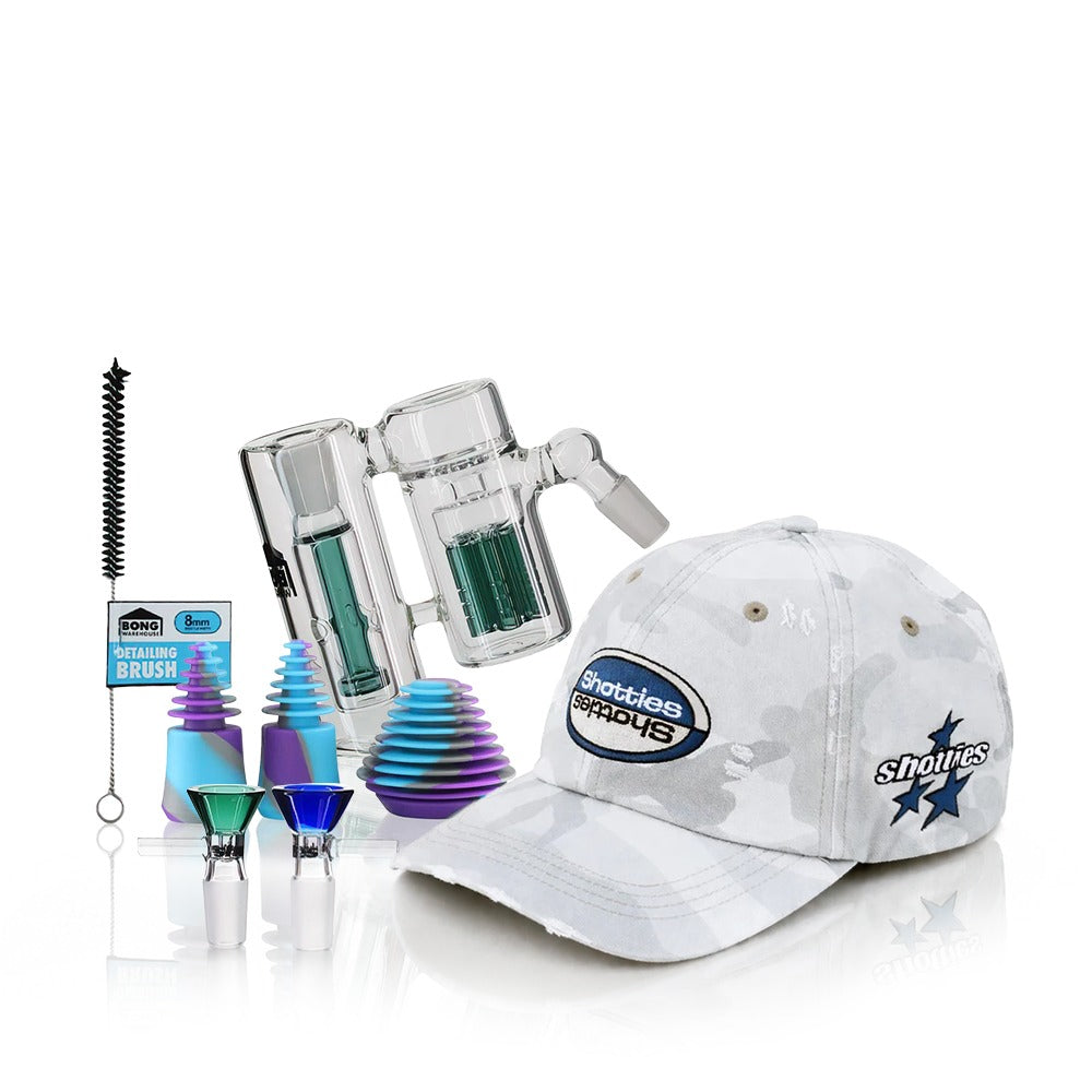 Shotties oblique tube ash catcher bundle with cap, cleaning brush and cone tips | Bong Warehouse