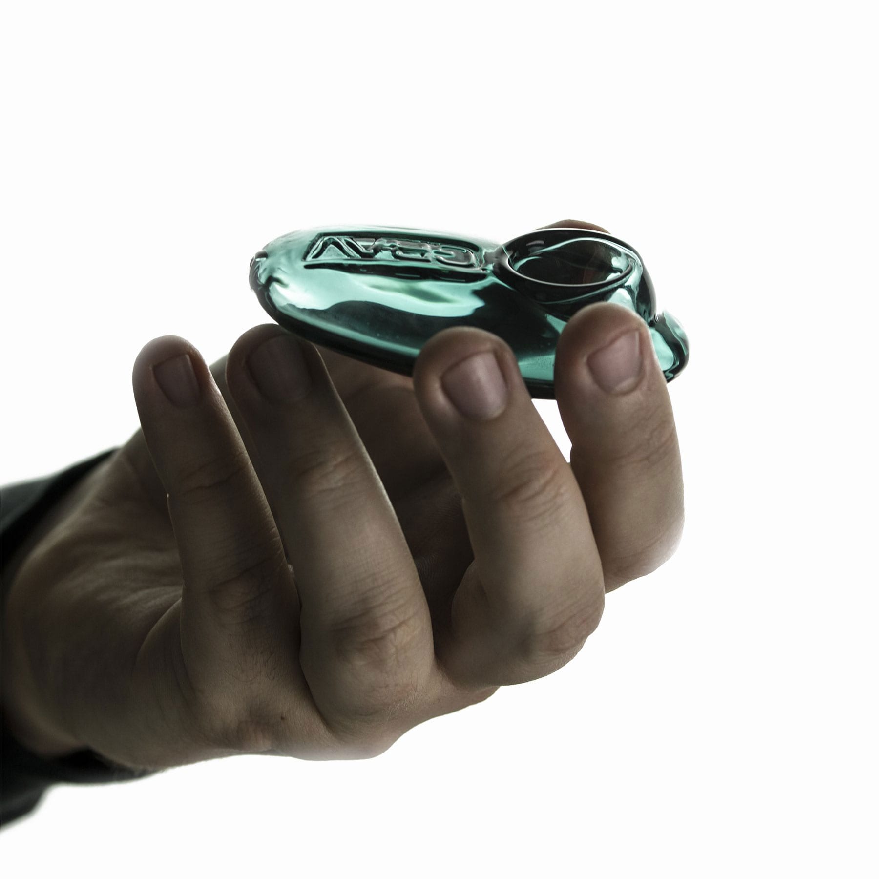 GRAV - Pebble Glass Pipe - Green held by model showing the actual size