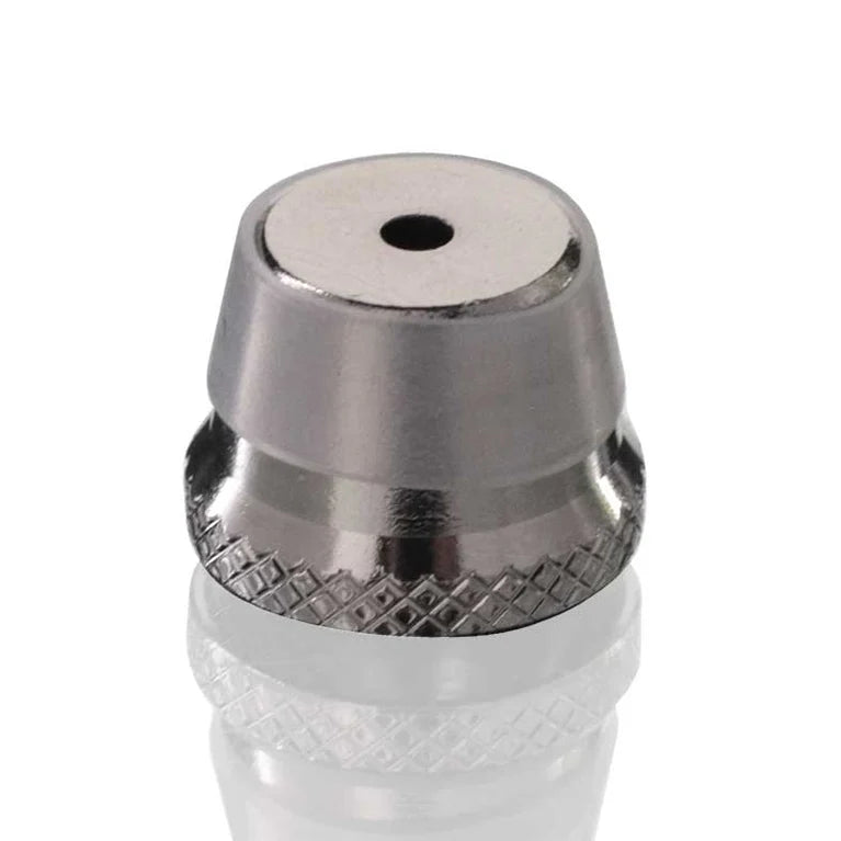 Top-down view of the gunmetal metal cap and bowl on the Gatorbeug Cinnamoroll G3 mini glass bottle bong from Bong Warehouse
