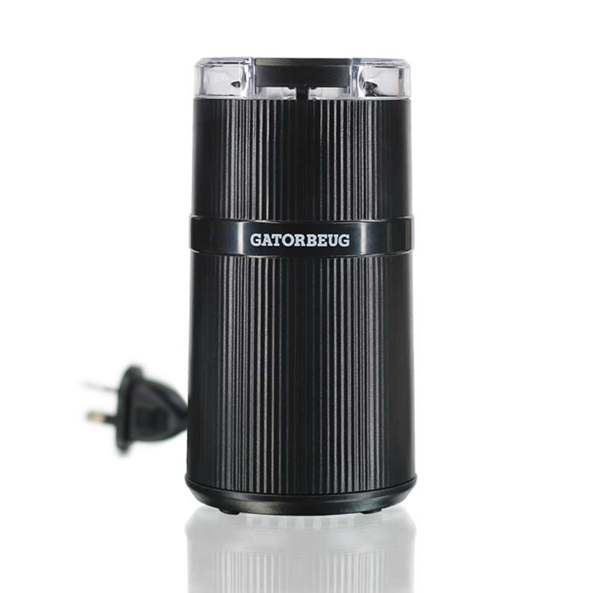 Gatorbeug Compact Electric Weed and Herb Grinder - Black on a full front view featuring Gatorbeug Logo