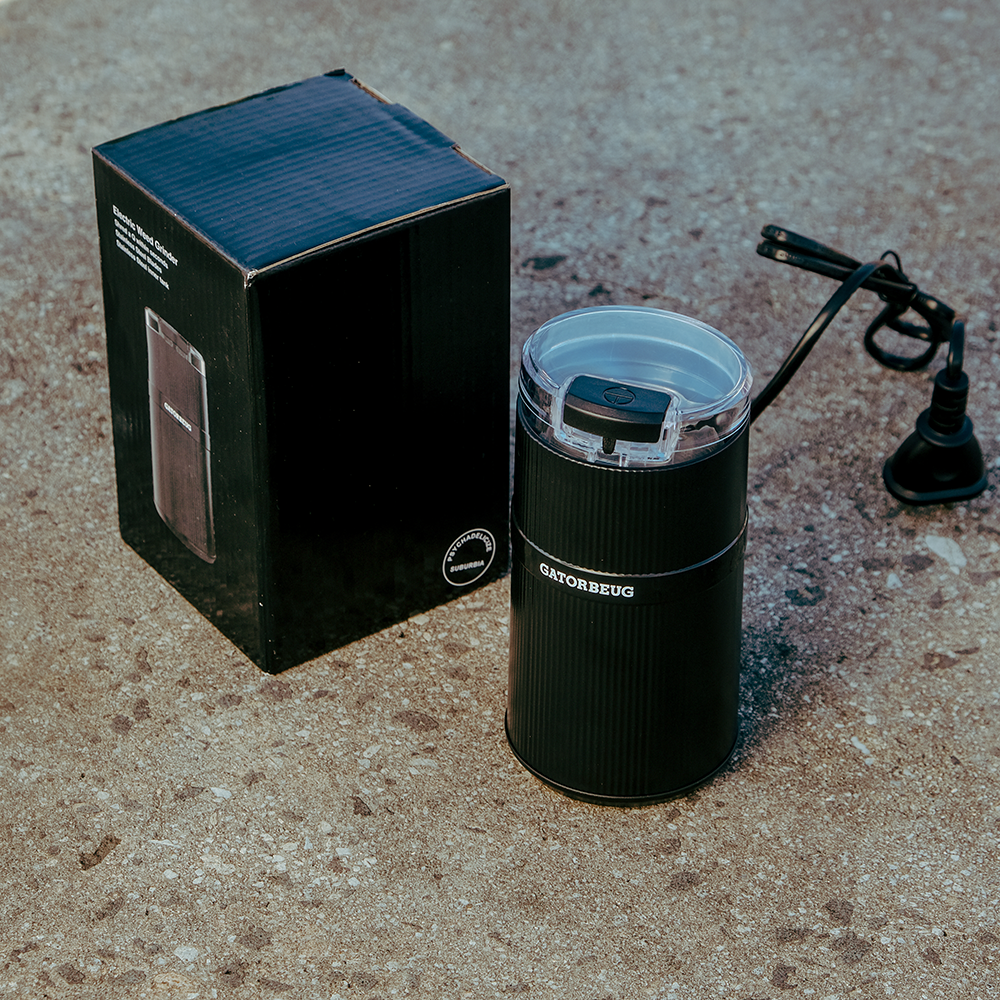 Gatorbeug Compact Electric Weed and Herb Grinder in Black featuring full set