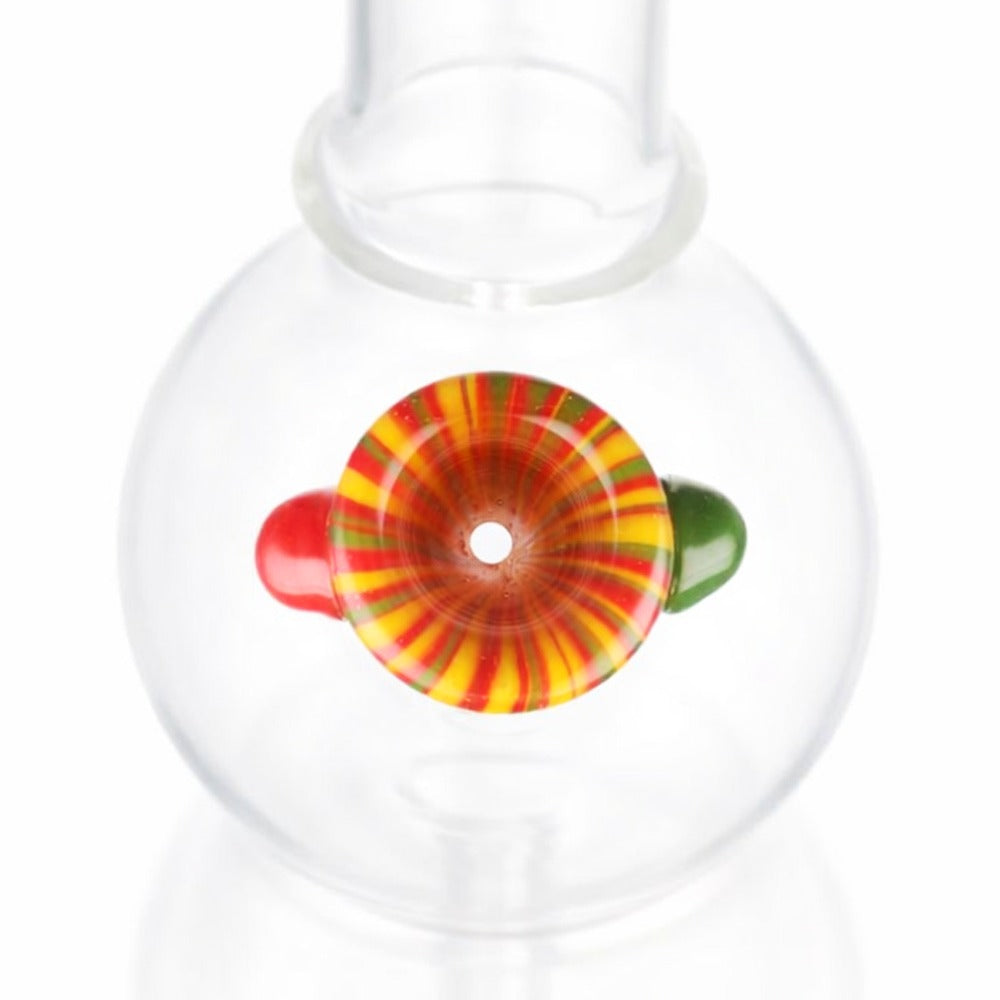 BW Glass Cone Piece Bowl 14mm Male - side view of red orange yellow striped cylindrical bowl with green and red ball handles on white background