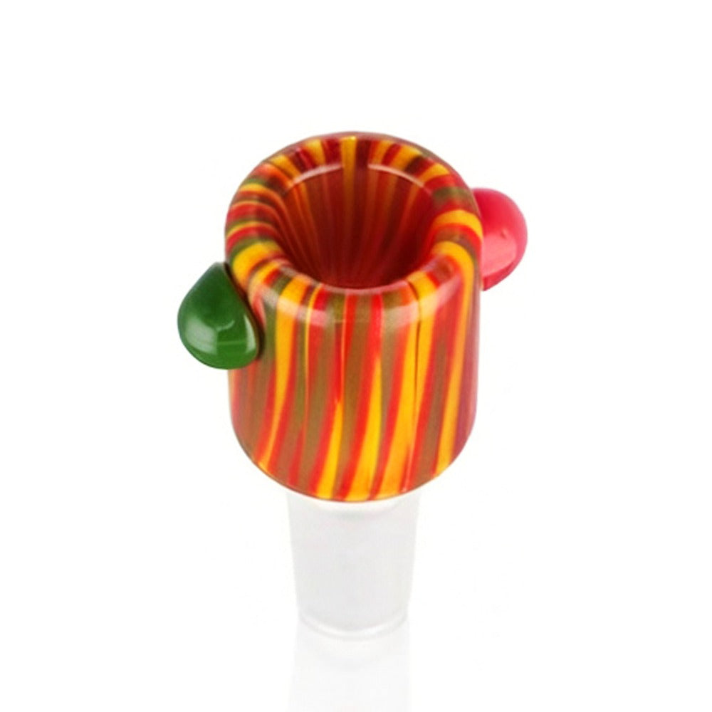BW Glass Cone Piece Bowl 14mm Male - angled view of red orange yellow striped cylindrical bowl with dual glass ball handles on white background
