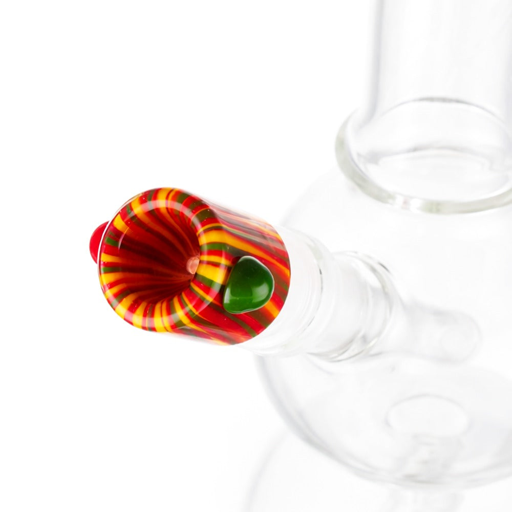 BW Glass Cone Piece Bowl 14mm Male - back view of red orange yellow striped cylindrical bowl with green and red ball handles on white background