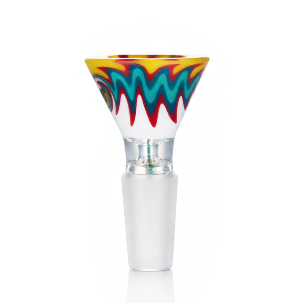 BW Glass Cone Piece Bowl 14mm Male - side view of multicolour swirl design with yellow teal and red pattern on white background