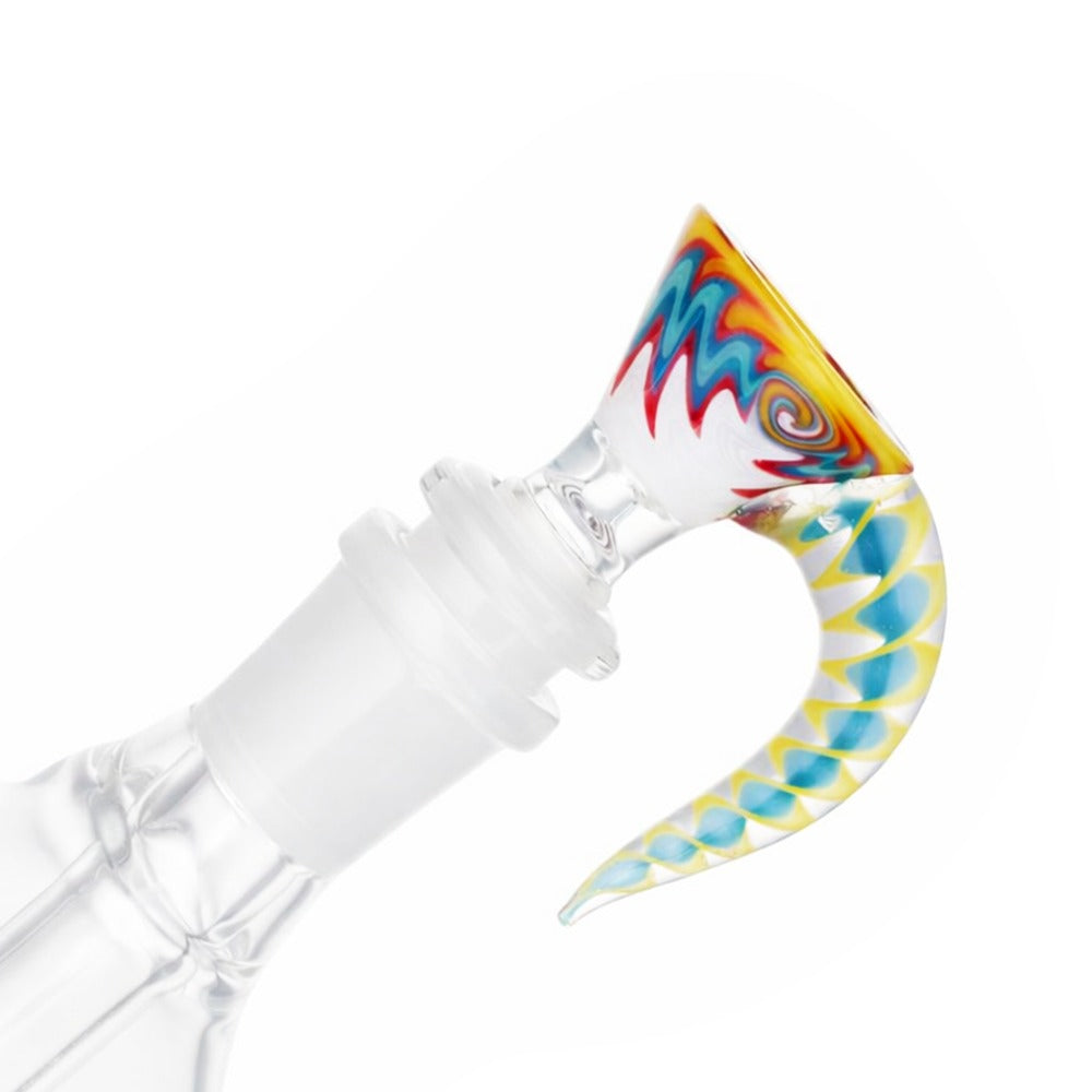 BW Glass Cone Piece Bowl 14mm Male - back view of multicolour swirl design with yellow teal and red spotted horn handle on white background