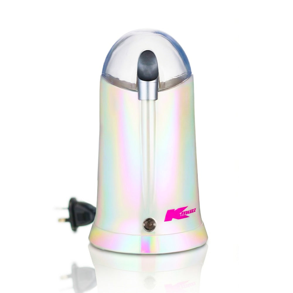 Iridescent coffee grinder with a pink logo on a white background Kmart Coffee Grinder Anko Grinder Electric Grinder Pink Oilslick Metallic Chrome