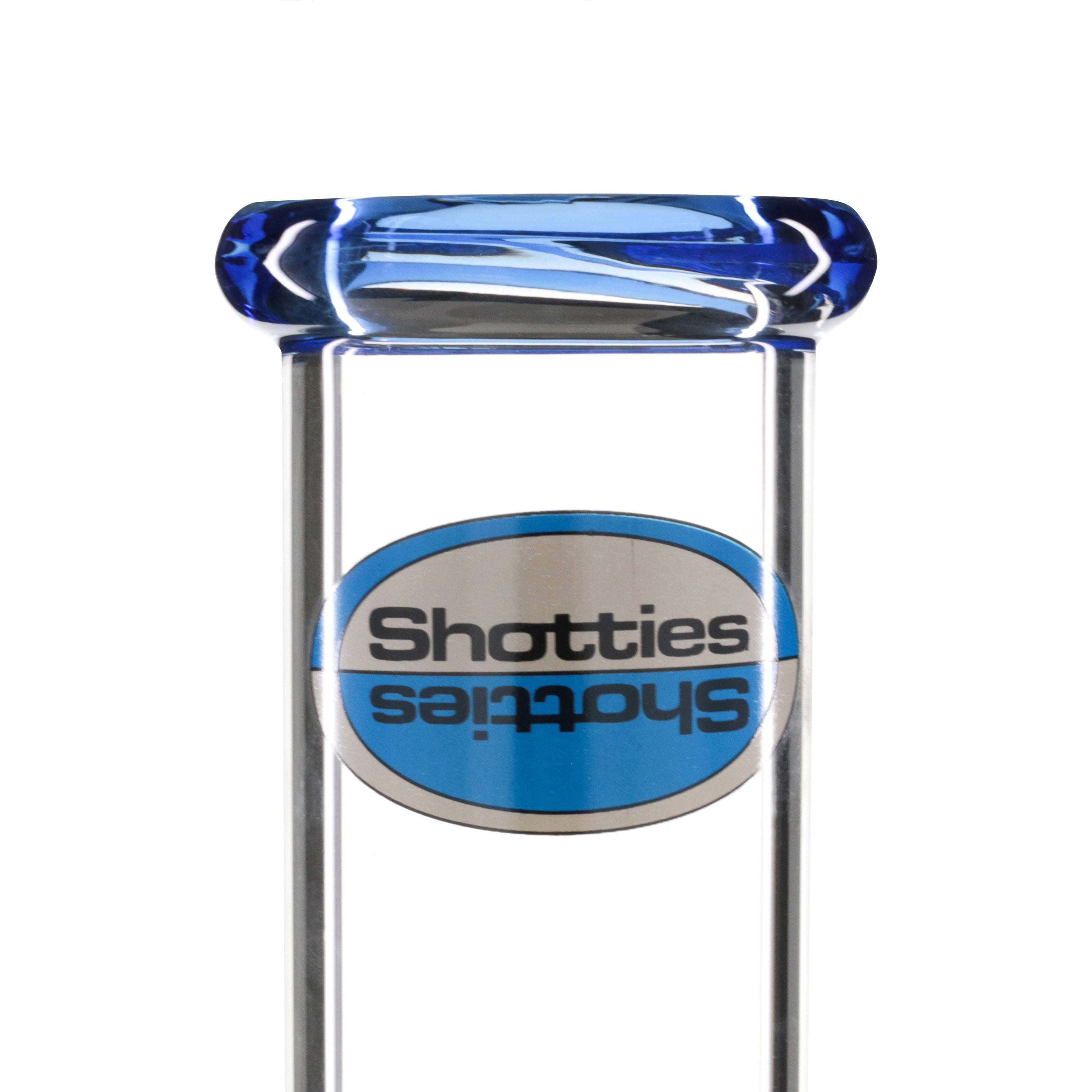Shotties 40cm Glass Multi Arm Perc Beaker Bong - Clear/Blue close up stem logo