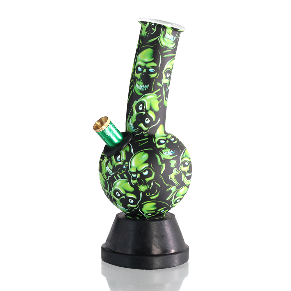 Medium Bent Bubble 22cm Glass Bong - Green SKull left